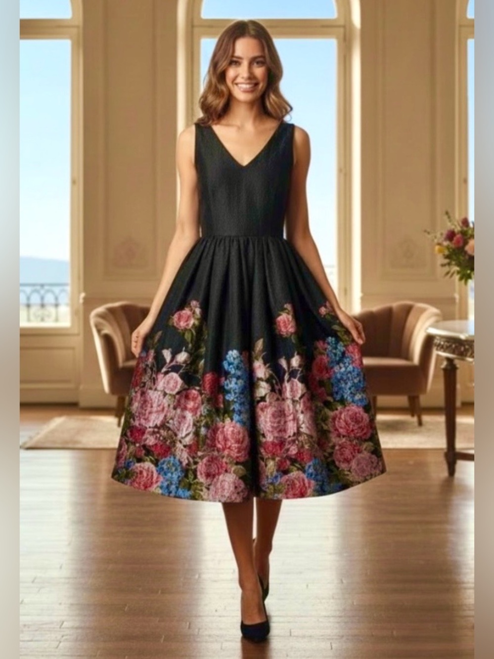 Ted Baker Jacquard Fit and Flare Black Floral Dress Size 2
